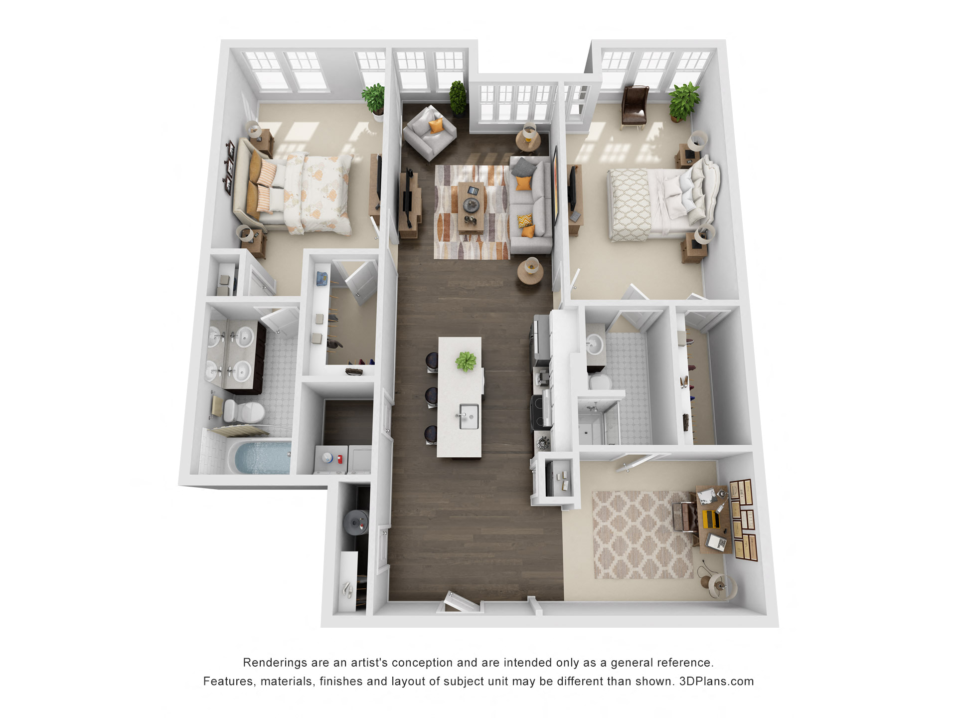 Floor plan for 2 beds, 2 baths, 1355 sqft